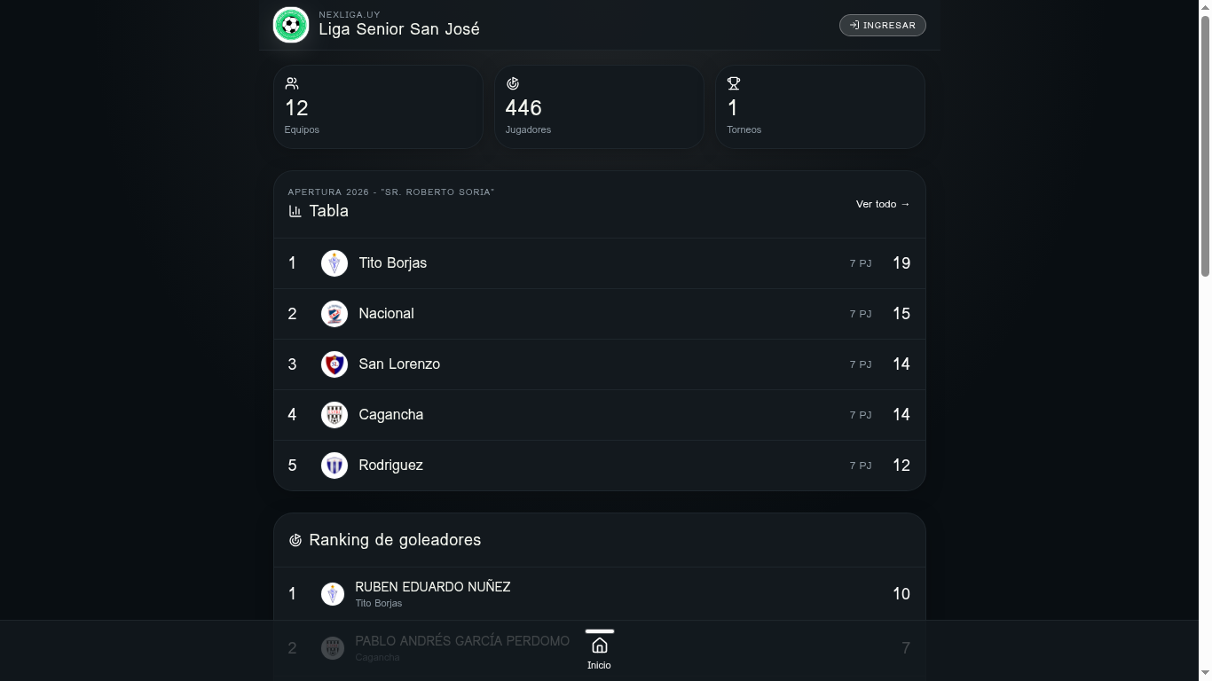 Captura de NexLiga: Inicio público